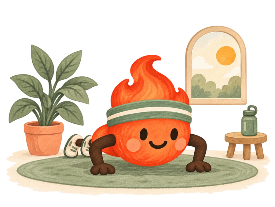 Brasa fazendo uma flexão em um tapete, em um ambiente com plantas.