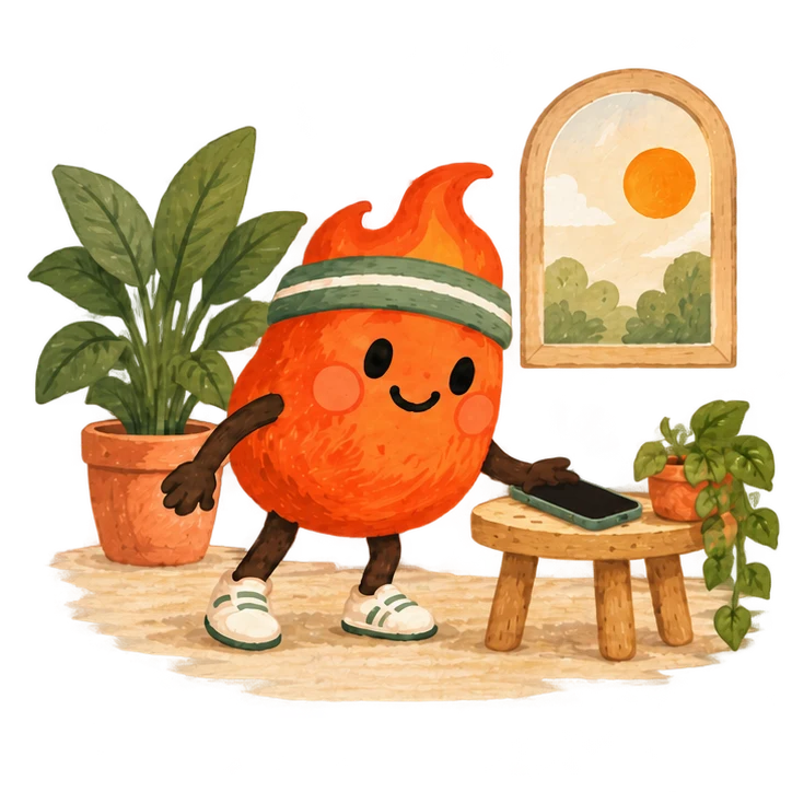 Brasa deixa o celular na mesa e se prepara para uma pausa, ao lado de plantas e de uma janela ensolarada.